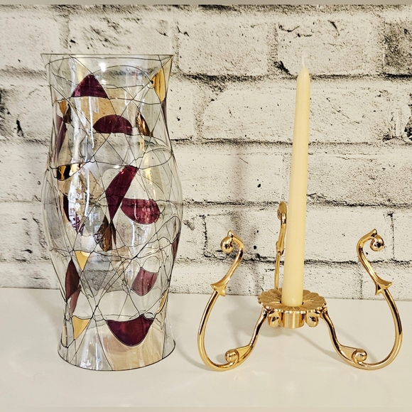 PartyLite Gold Hurricane Candle Holder & Art Glass Shade Abstract Swirl - Picture 11 of 13